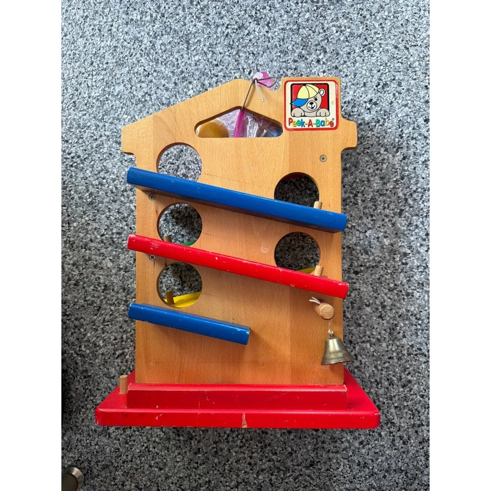 Peek-A-Babe Wooden Ball Run House Toy with Bell and 4 Balls Montessori Style